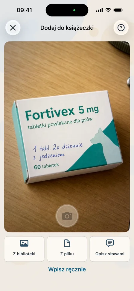 Ekran dodawania wpisu ze zdjęciem opakowania leku Fortivex
